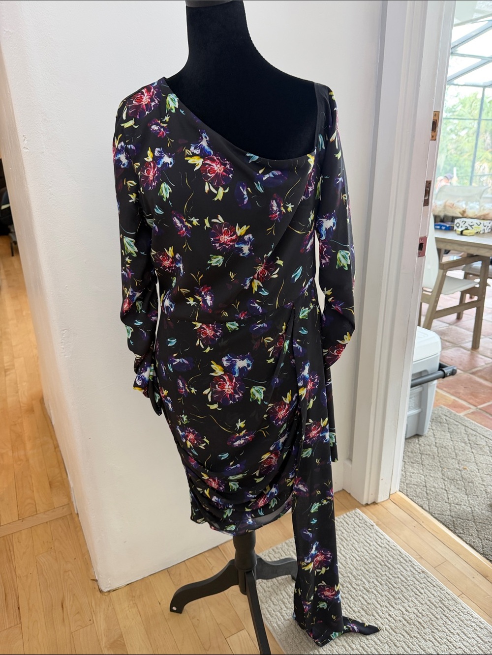 One-Shoulder Black Floral Draped Midi Dress